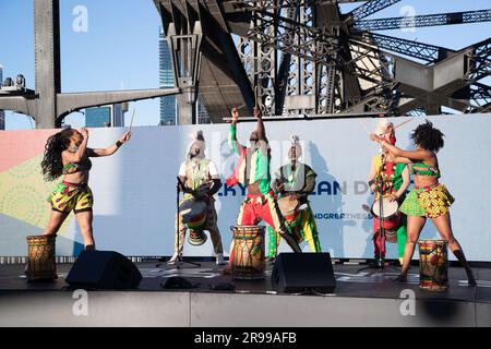 Sydney, Australia. 25th June, 2023. Performers perform during the event celebrating the 25-day countdown until the 2023 FIFA Women's World Cup on Sydney Harbor Bridge in Sydney, Australia, June 25, 2023. Credit: Hu Jingchen/Xinhua/Alamy Live News Stock Photo