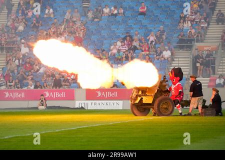 Eccles, UK. 25th June, 2023. Diablo the Salford Red Devils Mascot fires a field gun on Armed Forces Day at the Stadium before the Betfred Super League Round 16 match Salford Red Devils vs Wigan Warriors at AJ Bell Stadium, Eccles, United Kingdom, 25th June 2023 (Photo by Steve Flynn/News Images) in Eccles, United Kingdom on 6/25/2023. (Photo by Steve Flynn/News Images/Sipa USA) Credit: Sipa USA/Alamy Live News Stock Photo