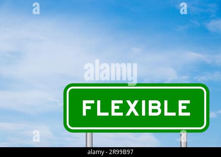 Green color transportation sign with word flexible on blue sky with white cloud background Stock Photo