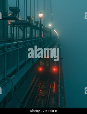 A stunning shot of a train moving along a bridge in a misty, moonlit evening, overlooking a tranquil beach Stock Photo