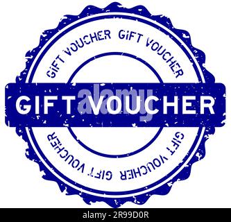 Grunge blue gift voucher word with star icon round rubber seal stamp on ...