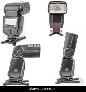Black camera flash on the stand isolate Stock Photo