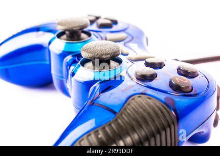 the isolated of the blue joystick for controller and play video game on white background Stock Photo