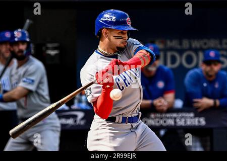 Seiya Suzuki #27 of the Chicago Cubs at bat during the 2023 MLB London  Series match St. Louis Cardinals vs Chicago Cubs at London Stadium, London,  United Kingdom, 24th June 2023 (Photo