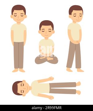 Cute cartoon man in four meditation postures. Meditating sitting, standing, walking, lying down. Simple vector clip art illustration. Stock Vector