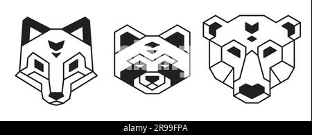 Stylized geometric animal heads (bear, wolf or fox and raccoon) in polygonal wireframe style. Tattoo design, logo art, vector illustration. Stock Vector