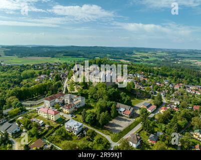 Aerial view of Lipnice nad Sázavou Castle in Czechia built in late Gothic and Renaissance style, rectangular Samson tower keep serves as observation d Stock Photo