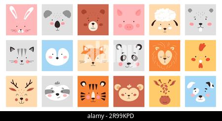 Cute square animal faces set vector illustration. Cartoon isolated farm and wild animal or bird portrait collection for trendy mobile games design, heads and funny muzzles of baby kawaii characters Stock Vector