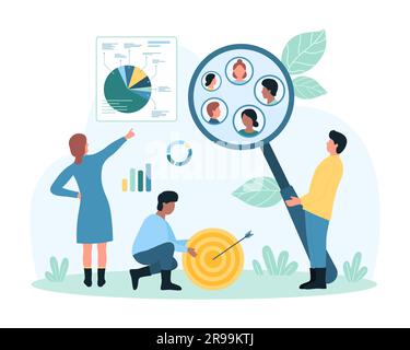 Customer segment analysis for TV market addressable advertising vector illustration. Cartoon tiny people research and divide focus group of potential clients with magnifier, highlight consumers Stock Vector