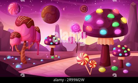 Candy fantasy planet vector illustration. Cartoon magic neon background, cosmic landscape for computer game with fairy tale ice cream and lollipop plants, biscuit mushrooms with sweets and chocolate Stock Vector