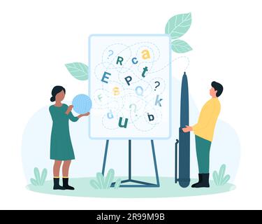 Dysgraphia, disability disorder and problem of learning vector illustration. Cartoon tiny people holding pen and thread to write and unravel puzzle with letters of English alphabet on white board Stock Vector