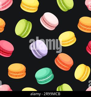 Seamless pattern with French macaron cookies of various colors on a black background. Vector illustration Stock Vector