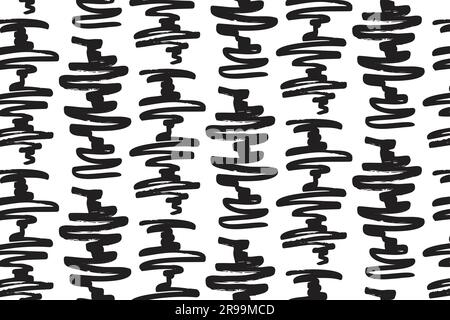 Wavy doodle seamless pattern. Bold ink lines ornament. Hand drawn black rough brush drawing. Smears scribbles grunge style wrapping paper. Vintage Stock Vector