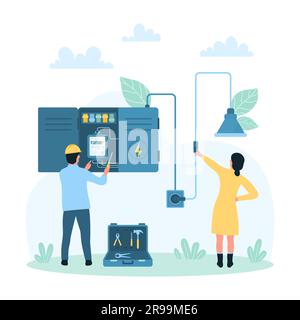 Inspection and maintenance repair service of panel cabinet with electric meter vector illustration. Cartoon electrician standing near breaker and fuse box, fixing electricity failure and switchboard Stock Vector