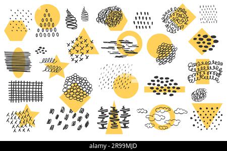 Modern abstract collection Collage minimal design set in trendy pop art style. Hand drawn black ink skrubble with simple geometric yellow forms Star Stock Vector