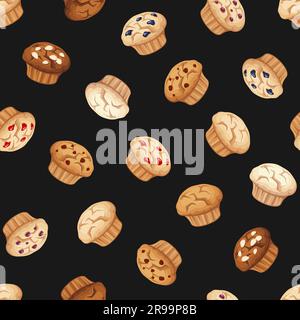 Seamless pattern with muffins on a black background. Vector illustration Stock Vector
