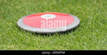 Close up of discuses on grass after impact on grass Stock Photo