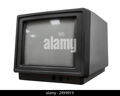 Tube TV with cathode ray tube. Outdated monitor isolated on white background. Gray TV screen. Layout for design. Stock Photo