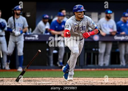 Seiya Suzuki #27 of the Chicago Cubs at bat during the 2023 MLB London  Series match St. Louis Cardinals vs Chicago Cubs at London Stadium, London,  United Kingdom, 24th June 2023 (Photo