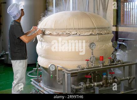 Steaming rice for sake at Akashi Sake Brewery. Hyogo prefecture, Japan. Stock Photo