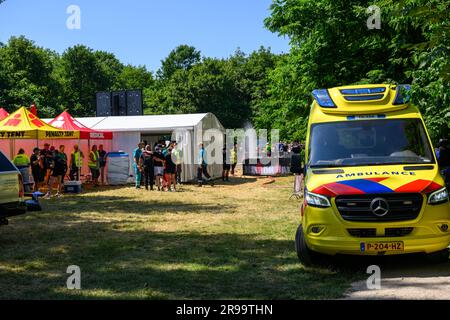HOORN - Fifty people have become unwell due to the heat at the Ironman Westfriesland sports event in Hoorn. They have reported to a first aid post. According to the security region, forty people were eventually checked by ambulance personnel and eight people were taken to hospital. ANP INTERVISUAL STUDIO netherlands out - belgium out Stock Photo