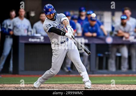 Seiya Suzuki of the Chicago Cubs hits a sacrifice fly in the first inning  of a baseball game against the Milwaukee Brewers on April 9, 2022, at  Wrigley Field in Chicago. (Kyodo)==Kyodo