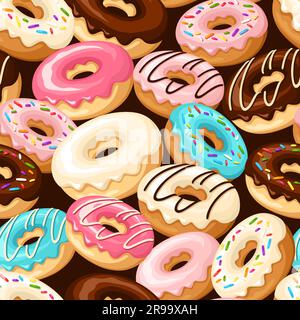 Seamless pattern with colorful donuts on a brown background. Vector illustration Stock Vector
