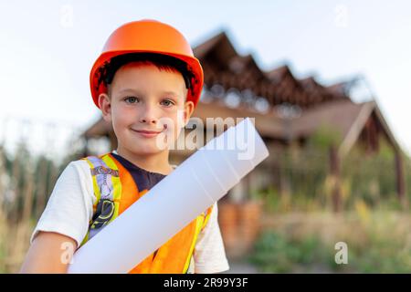 A child in an engineer suit with a yellow helmet with blueprints Stock Photo