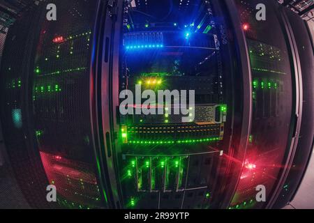 Abstract background of bokeh server lamps. The security measures in the server room are state-of-the-art. Stock Photo