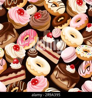Seamless pattern with various cakes, cupcakes, macarons, donuts, candies, and other sweets on a black background. Vector illustration Stock Vector