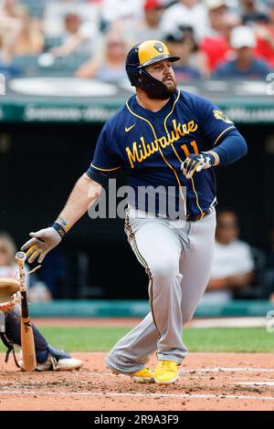 Milwaukee Brewers' Rowdy Tellez watches a home run during a baseball game  against the Tampa Bay Rays Wednesday, June 29, 2022, in St. Petersburg,  Fla. (AP Photo/Steve Nesius Stock Photo - Alamy