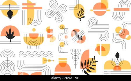 Aesthetic stripe line art. Scandinavian minimalist shapes and balance modern graphic. Mid century geometry design, waves and arch, neoteric vector set Stock Vector