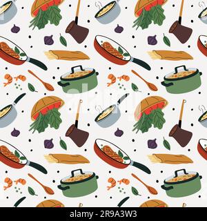 Cartoon cooking food seamless pattern. Kitchen dishes with products. Meal preparation. Pot and pan. Fried meat steak. Boiled spaghetti. Vegetable soup Stock Vector