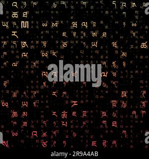 Futuristic background. Random letters of Tibetan Alphabet. Gradient matrix pattern. Yellow-orange color theme backgrounds. Tileable horizontally. Stock Vector