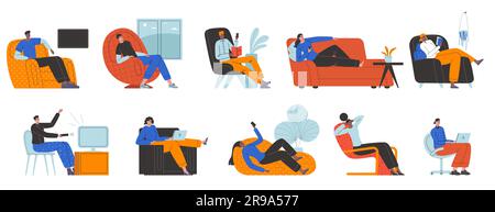 Sedentary lifestyle cartoon people. Guys and girls lying on sofas. Men and women sitting in armchairs. Apathetic and tired characters. Comfortable Stock Vector