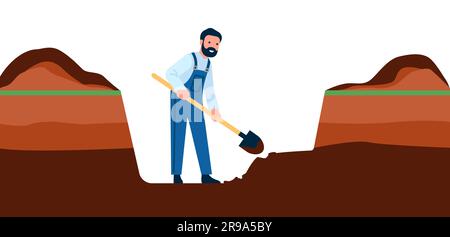Male construction worker digging hole with shovel. Industrial land excavation. Workman in overalls uniform. Builder excavating dirt. Digger occupation Stock Vector