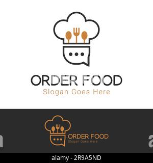 Order Food Logo Design Chef Chat Logotype Chef Hat Spoon and Fork Food Logo Food Delivery Stock Vector