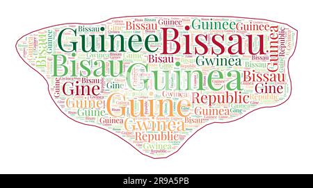 Guinea-Bissau shape filled with country name in many languages. Guinea-Bissau map in word cloud style. Attractive vector illustration. Stock Vector