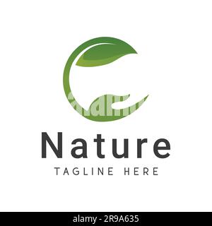 Nature Hand Care Logo Design Green Leaf Logotype Eco Friendly Save Nature Stock Vector