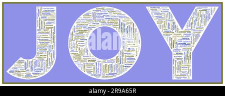 JOY text filled with related keywords of various sizes. Joy word cloud. Powerful vector illustration. Stock Vector