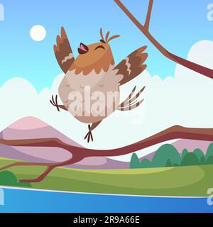 Bird on branch. happy sparrow sing song on tree outdoor cartoon background Stock Vector