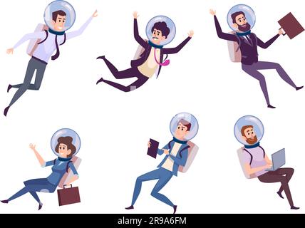 Business astronaut. Male and female flying characters with business tools exact vector cartoon characters Stock Vector