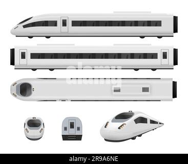 Train. Vehicle for city realistic trains in different point views railroad locomotive decent vector pictures set Stock Vector