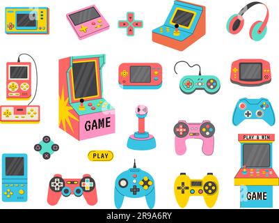 Game consoles. Vintage retro gadgets for kids pleasure relax time gaming stuff recent vector stylized pictures set Stock Vector