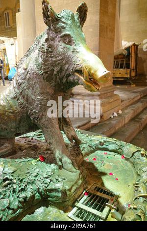 Florence, Italy - 22 Nov, 2022: The Porcellino bronze hog statue at Mercato Nuovo Stock Photo