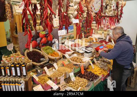 Florence, Italy - 22 Nov, 2022: Local produce on sale at the Mercato Centrale indoor market Stock Photo