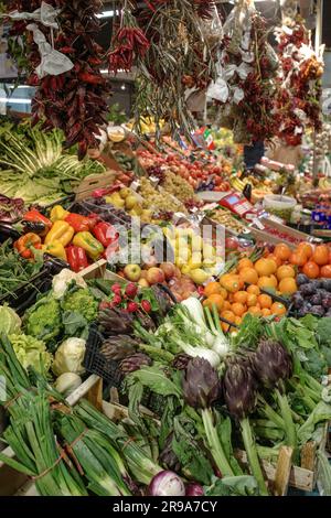 Florence, Italy - 22 Nov, 2022: Local produce on sale at the Mercato Centrale indoor market Stock Photo