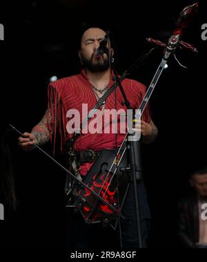 25th June 2023. Glastonbury, Somerset, UK. The Hu performing on the West Holts Stage, Glastonbury Festival 2023 Credit: Scott Gouldsbrough/Alamy Live News Stock Photo