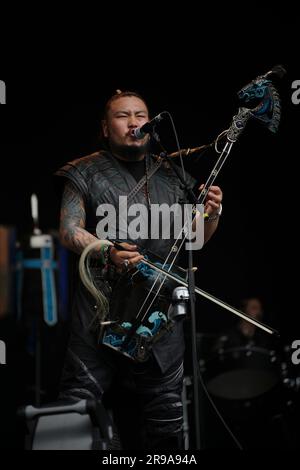 25th June 2023. Glastonbury, Somerset, UK. The Hu performing on the West Holts Stage, Glastonbury Festival 2023 Credit: Scott Gouldsbrough/Alamy Live News Stock Photo