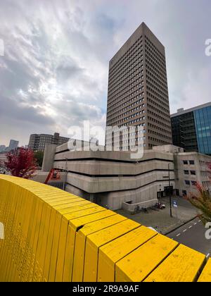 Rotterdam, NL - OCT 10, 2021: Street view and modern architecture with business towers in downtown Rotterdam. Rotterdam is the second largest city of Stock Photo